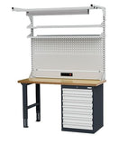 Werkbank met schuifladenkast en opbouw afm. 1500x600, hoogte 860/960/1060 mm