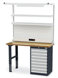 Werkbank met schuifladenkast en opbouw afm. 1500x600, hoogte 860/960/1060 mm