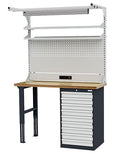 Werkbank met schuifladenkast en opbouw afm. 1500x600, hoogte 860/960/1060 mm